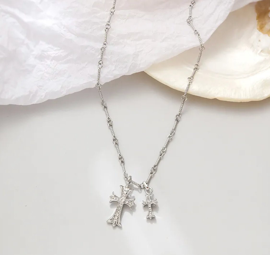 Double Cross Chain With A Cross Mens Silver Double Cross Necklace