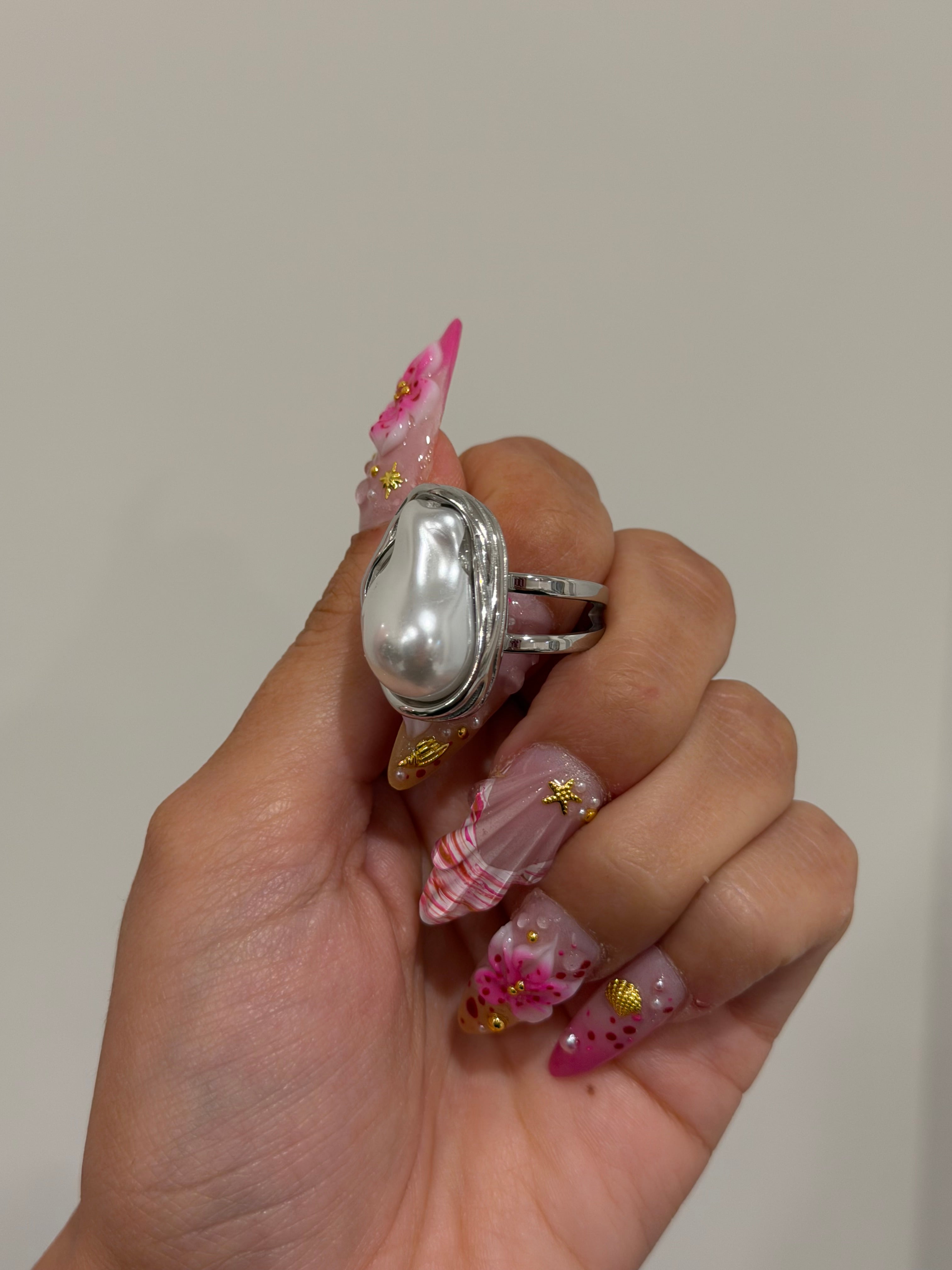 Silver Chunky Pearl Adjustable Ring