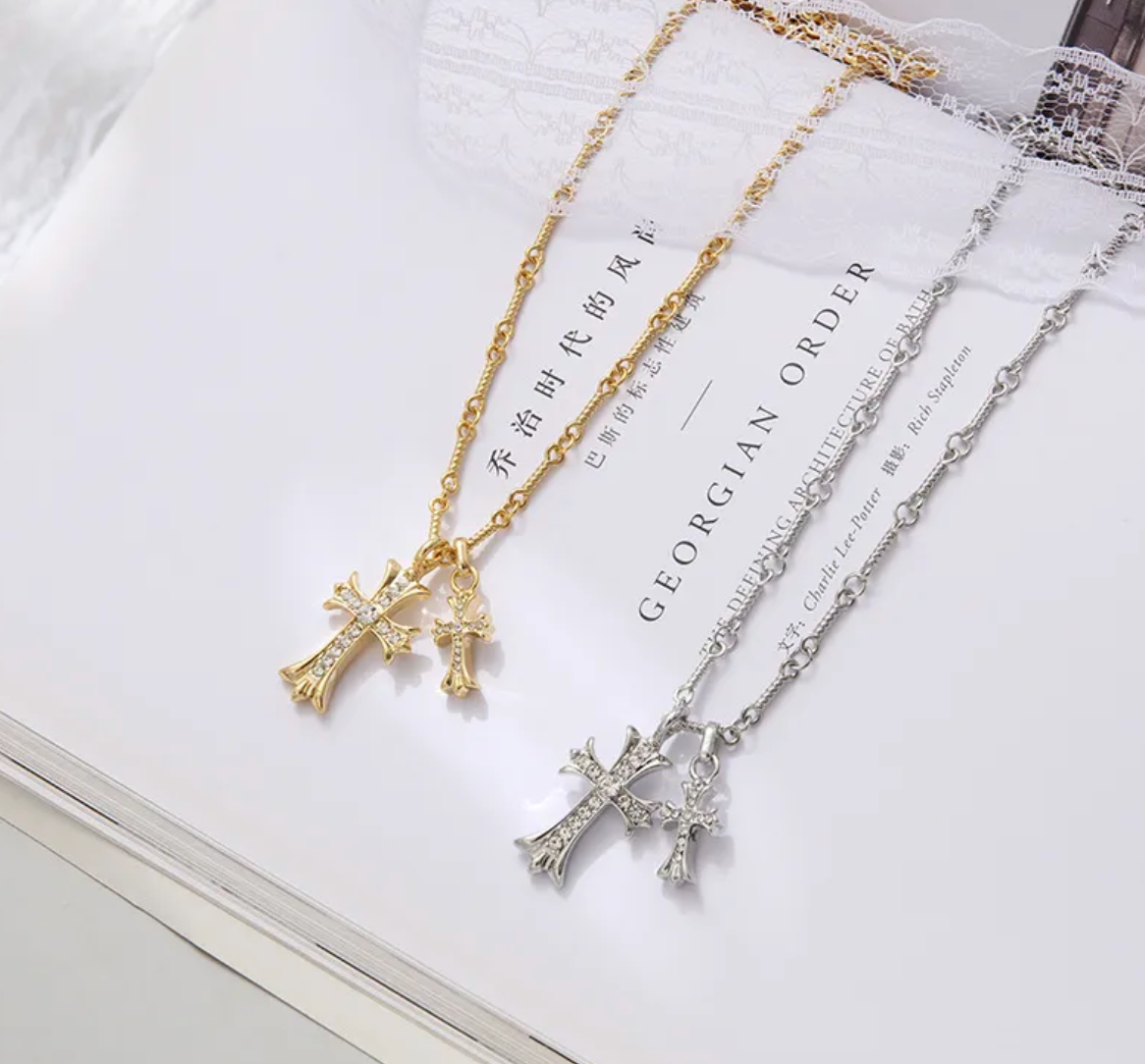 Silver Double Cross Necklace