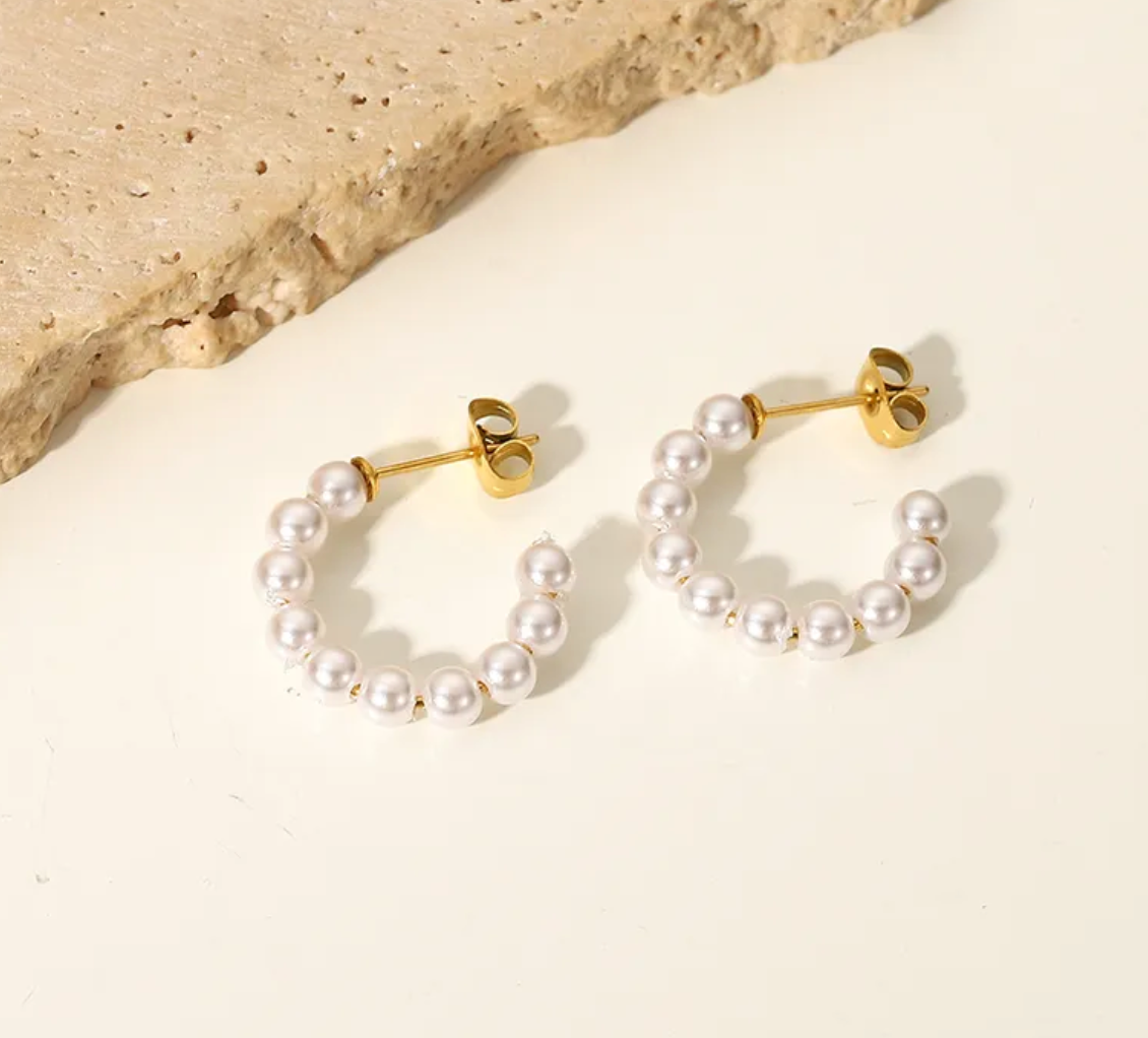 Pearl C Shaped Hoop Earrings