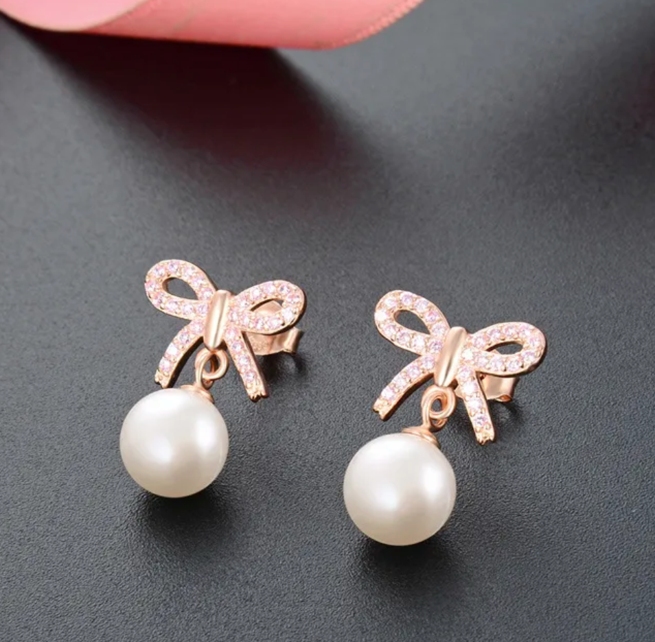 Pink Bow Pearl Earrings